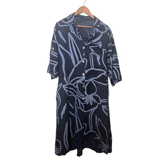 Meo Meli Women’s One Size Blue Linen Midi Maxi Button Up Roll Tab Shirt Dress - Picture 1 of 9